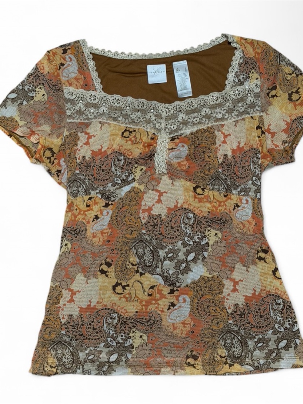 Vintage Y2K Emma James Paisley Sequined Lace Trim Boho Top